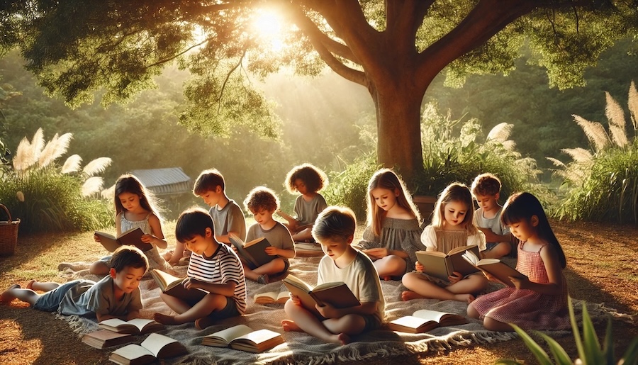 Children reading in nature